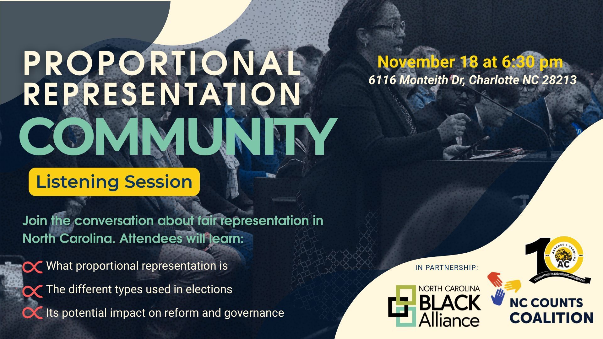 Proportional Representation Community Listening Party November 18 6:30 pm