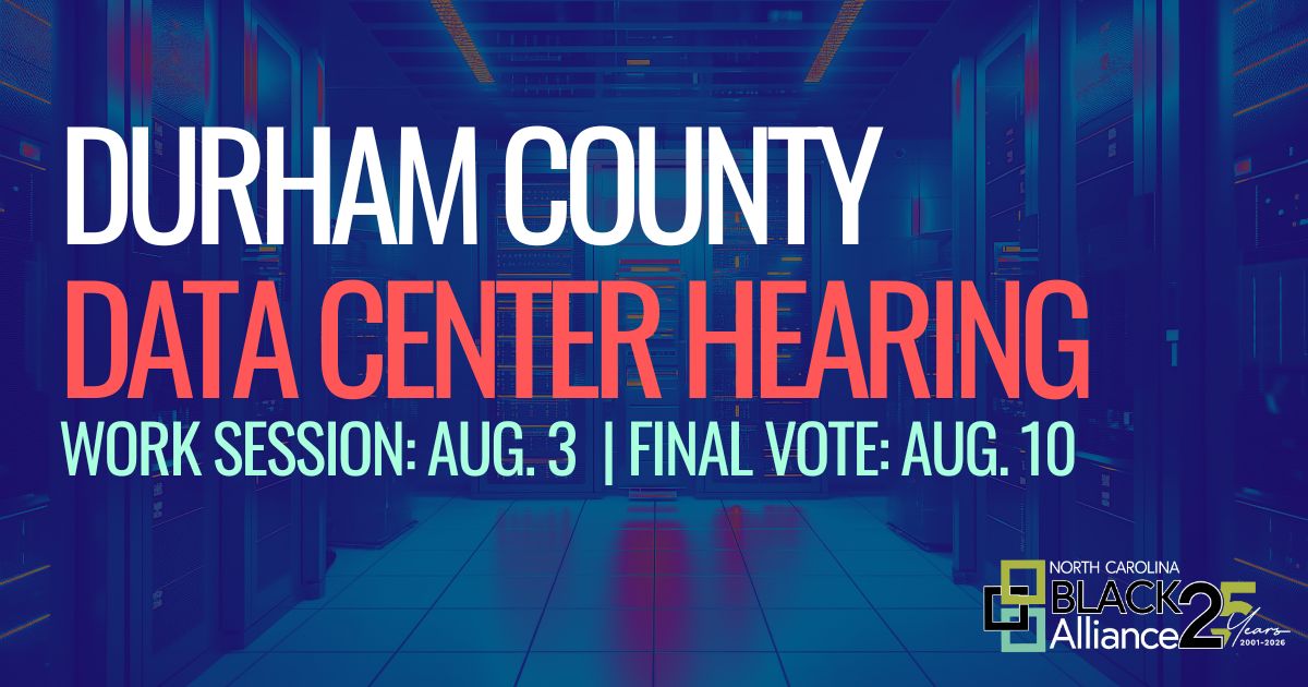 Banner announcing Durham County data center hearing with work session August 3 and final vote August 10, set in a data center background.
